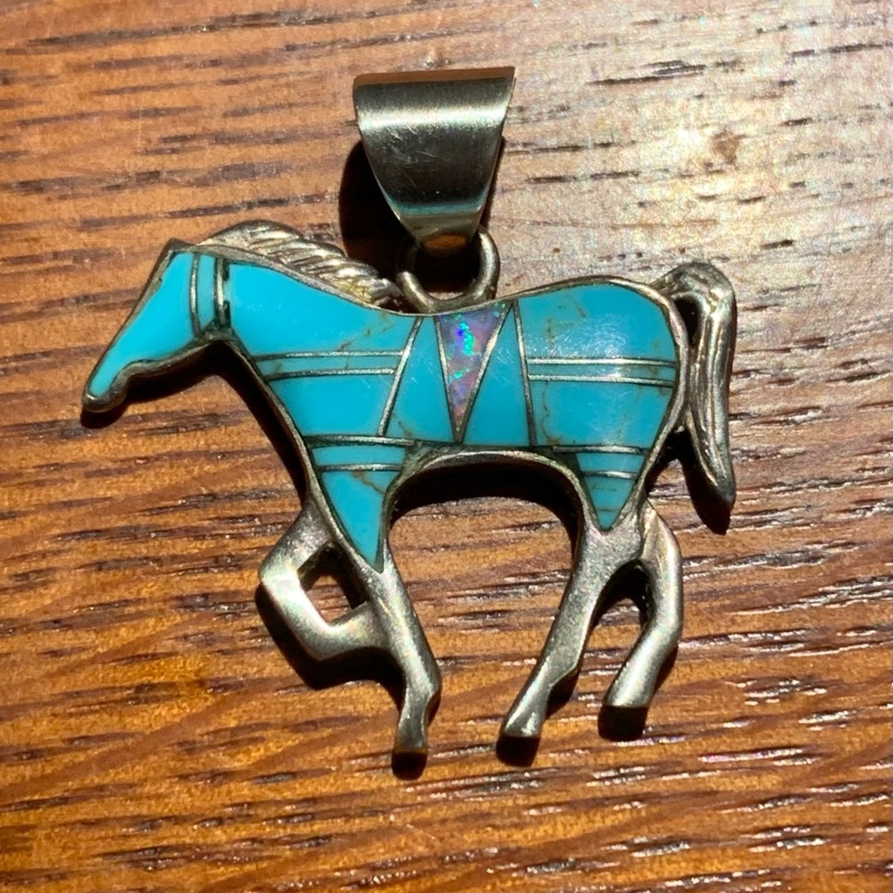 Turquoise & Opal Channel Inlay Pendant “Year of the Horse”